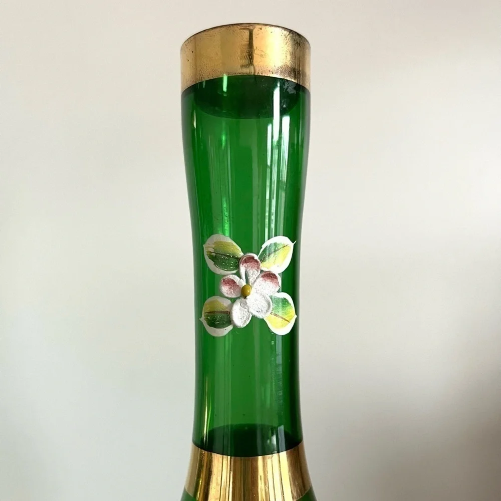 Vintage Bohemian Czech emerald green glass vases set of 2